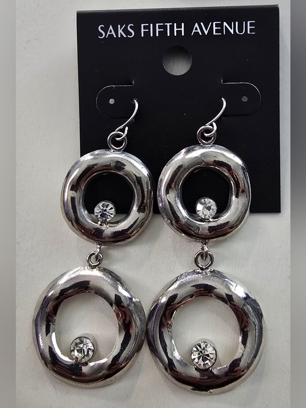 Saks Fifth Avenue Silver-Tone Double Hoop Drop Earrings with Clear Crystals
